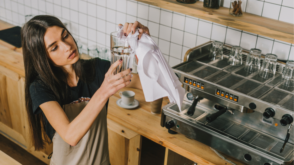 A female barista wipes a glass with a cloth behind a cafe counter
